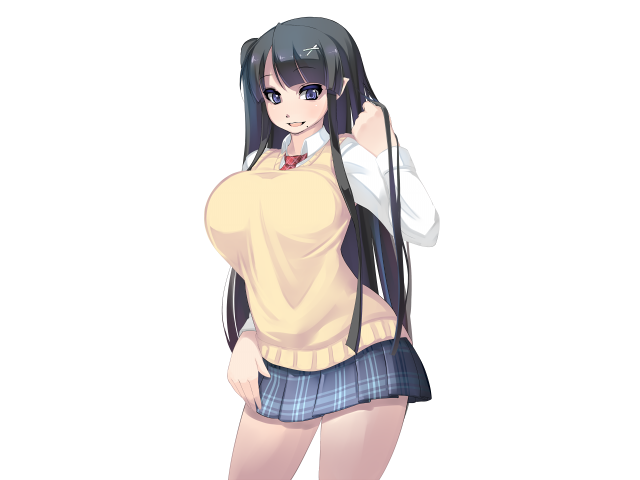 1girl, arm_at_side, black_hair, blue_eyes, blunt_bangs, breasts, eyes_visible_through_hair, game_cg