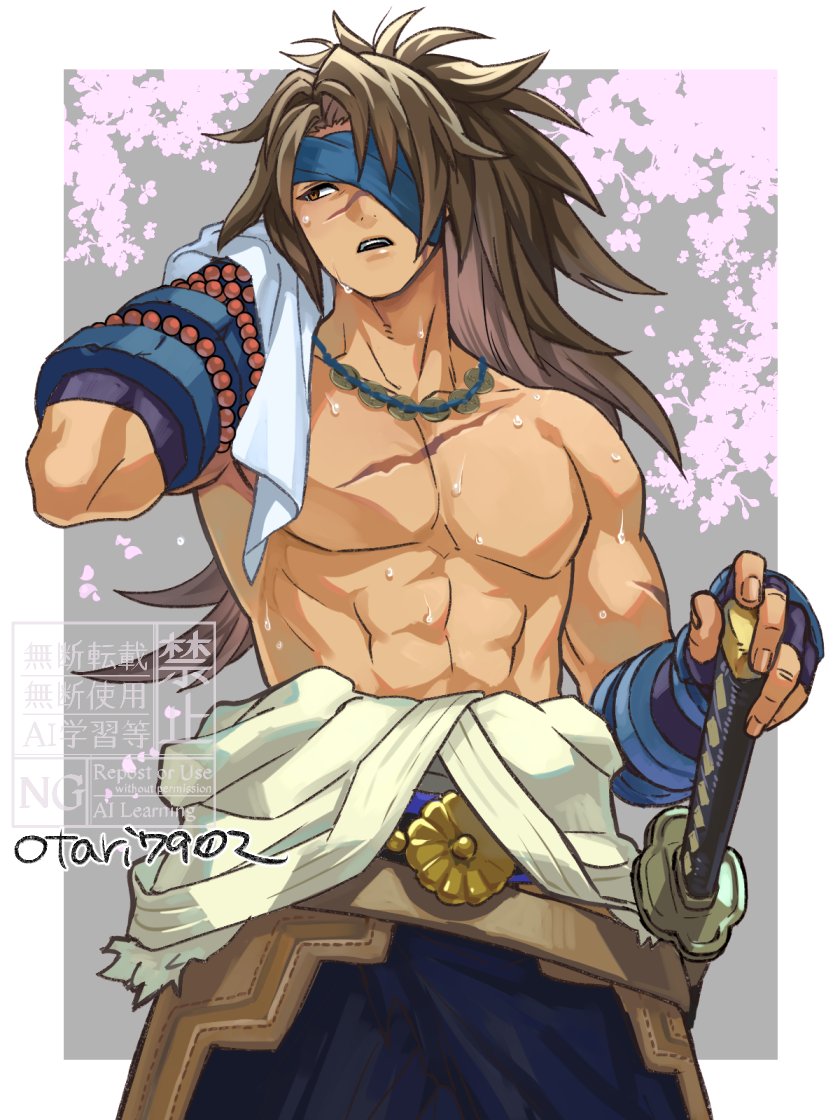 armor, bandage_over_one_eye, brown_eyes, brown_hair, cherry_blossoms, cowboy_shot, hakama, hand_on_sheath