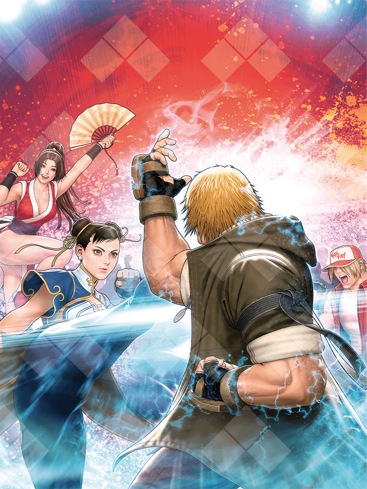 2boys, 2girls, biceps, black_hair, blocking, blonde_hair, cheering, chinese_clothes