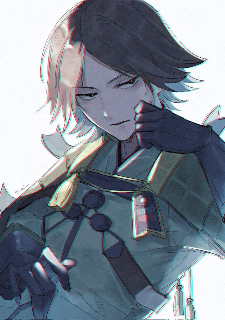1boy, am1582, black_eyes, brown_gloves, brown_hair, chromatic_aberration, commentary, corrupted_twitter_file