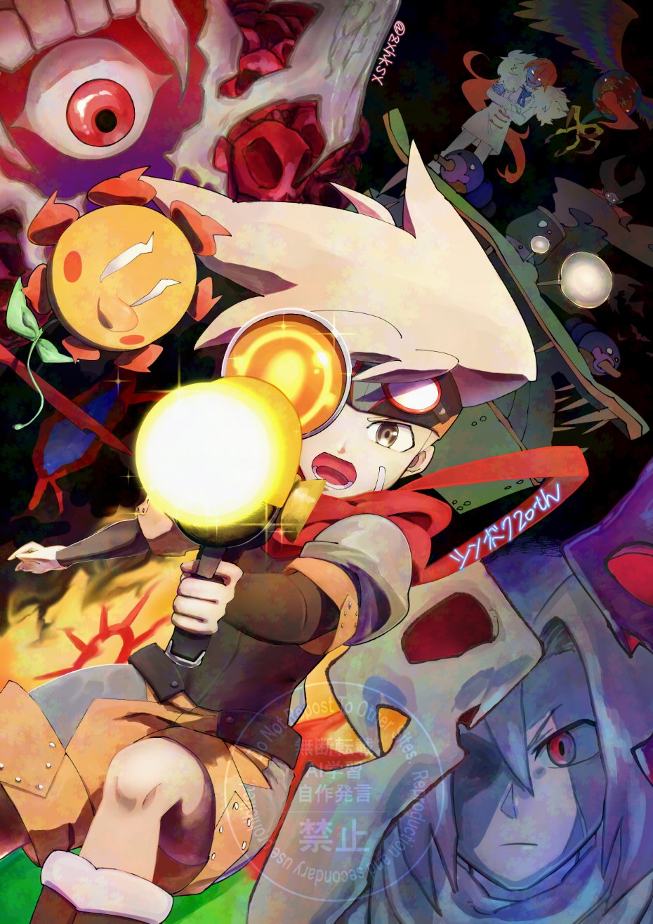 aiming, aiming_at_viewer, anniversary, black_background, blonde_hair, bokura_no_taiyou, character_request, django_(boktai), gun, highres, holding, holding_gun, holding_weapon, male_focus, medium_hair, orange_shorts, shorts, solo_focus, weapon, yellow_eyes, zxhksx