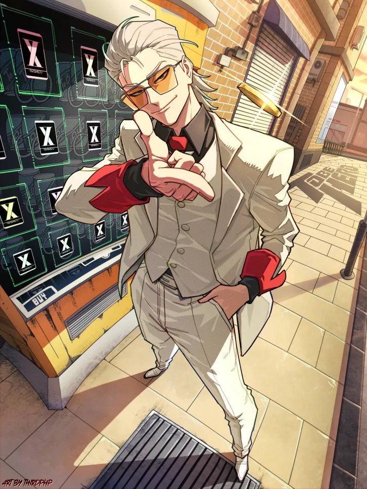 1boy, artist_name, black_eyes, black_shirt, city, coat, collared_shirt, commentary, day, english_commentary, english_text, finger_gun, from_above, full_body, garage, grate, hair_slicked_back, hand_in_pocket, looking_at_viewer, loose_hair_strand, necktie, outdoors, perspective, pointing, pointing_at_viewer, red_necktie, road, sewer_grate, shirt, sidewalk, smile, solo, standing, street, suit, thirdphp, tinted_eyewear, to_be_hero, to_be_hero_x, vending_machine, vest, white_coat, white_hair, white_suit, white_vest, x_(to_be_hero_x), yellow-tinted_eyewear