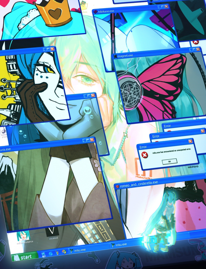 1girl, aqua_hair, blue_eyes, blue_hair, butterfly_ornament, commentary, cursor, desktop_(computing)