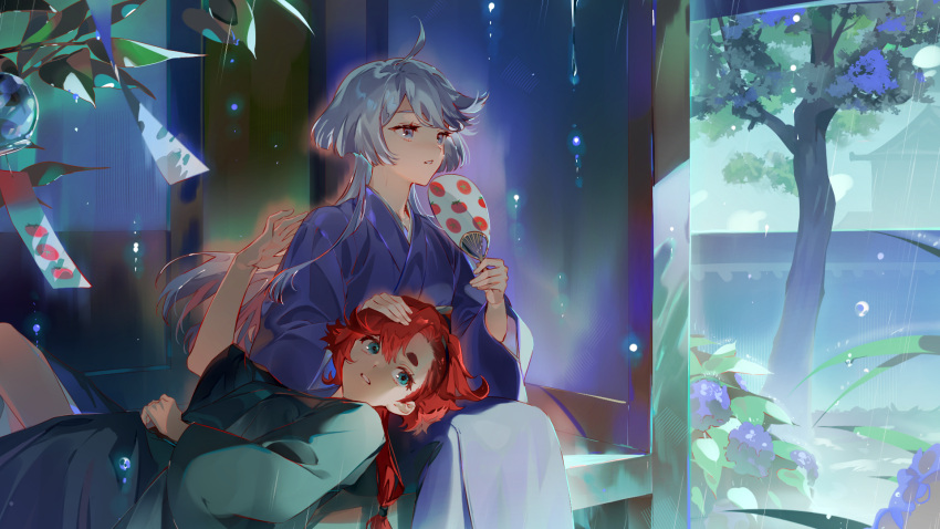 2girls, blue_eyes, commentary, commentary_request, fern_(bhbtr), flower, green_kimono, gundam, gundam_suisei_no_majo, hand_fan, hand_on_another's_head, highres, holding, holding_fan, japanese_clothes, kimono, lap_pillow, long_hair, miorine_rembran, multiple_girls, parted_lips, purple_flower, purple_kimono, rain, red_hair, smile, suletta_mercury, thick_eyebrows, tree, violet_eyes, white_hair, yuri