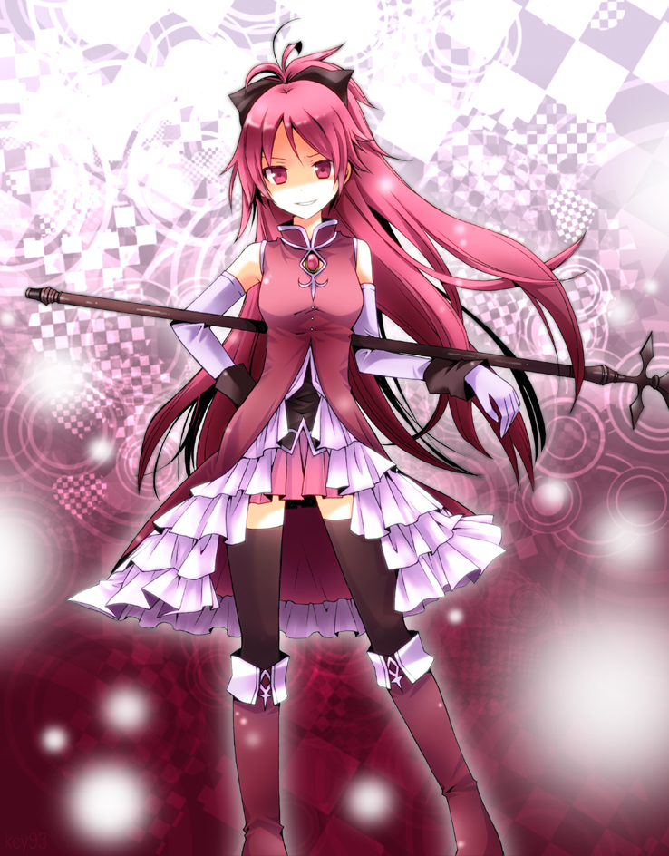 bare_shoulders, black_legwear, boots, detached_sleeves, grin, hirako, long_hair, magical_girl