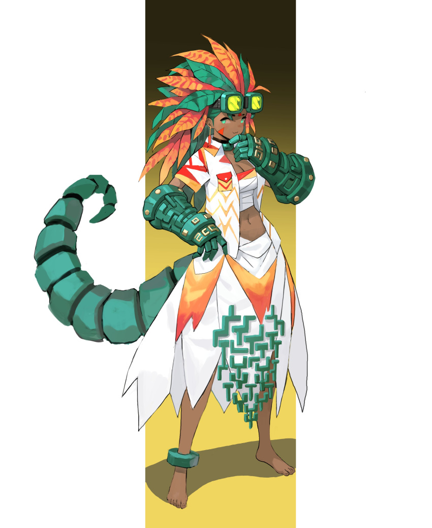 :3, absurdres, anklet, arowana2111, barefoot, chest_sarashi, dark-skinned_female, dark_skin, earrings, eyewear_on_head, facial_mark, gauntlets, goggles, goggles_on_head, gradient_background, green-tinted_eyewear, green_anklet, green_eyes, green_hair, hand_on_own_chin, highres, jewelry, layered_skirt, leaf_earrings, mechanical_tail, midriff, navel, neck_ring, open_clothes, open_shirt, orange_hair, original, plant_hair, red_shirt, sarashi, shirt, short_sleeves, skirt, tail, tinted_eyewear, triangle, triangle_facial_mark, white_shirt, white_skirt, yellow_shirt