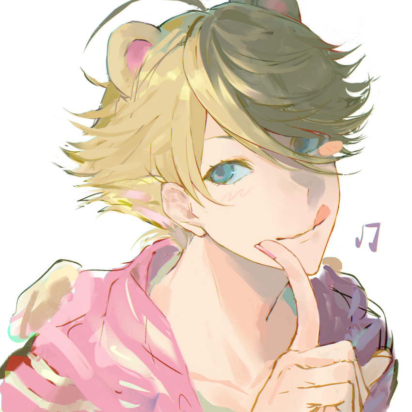 1boy, animal_ears, bear_boy, bear_ears, blonde_hair, blue_eyes, blush, chromatic_aberration, closed_mouth, commentary, extra_ears, highres, ibsm, index_finger_raised, kuma_(persona_4), licking_lips, looking_to_the_side, male_focus, musical_note, persona, persona_4, pink_shirt, portrait, shirt, short_hair, simple_background, solo, symbol-only_commentary, tongue, tongue_out, white_background
