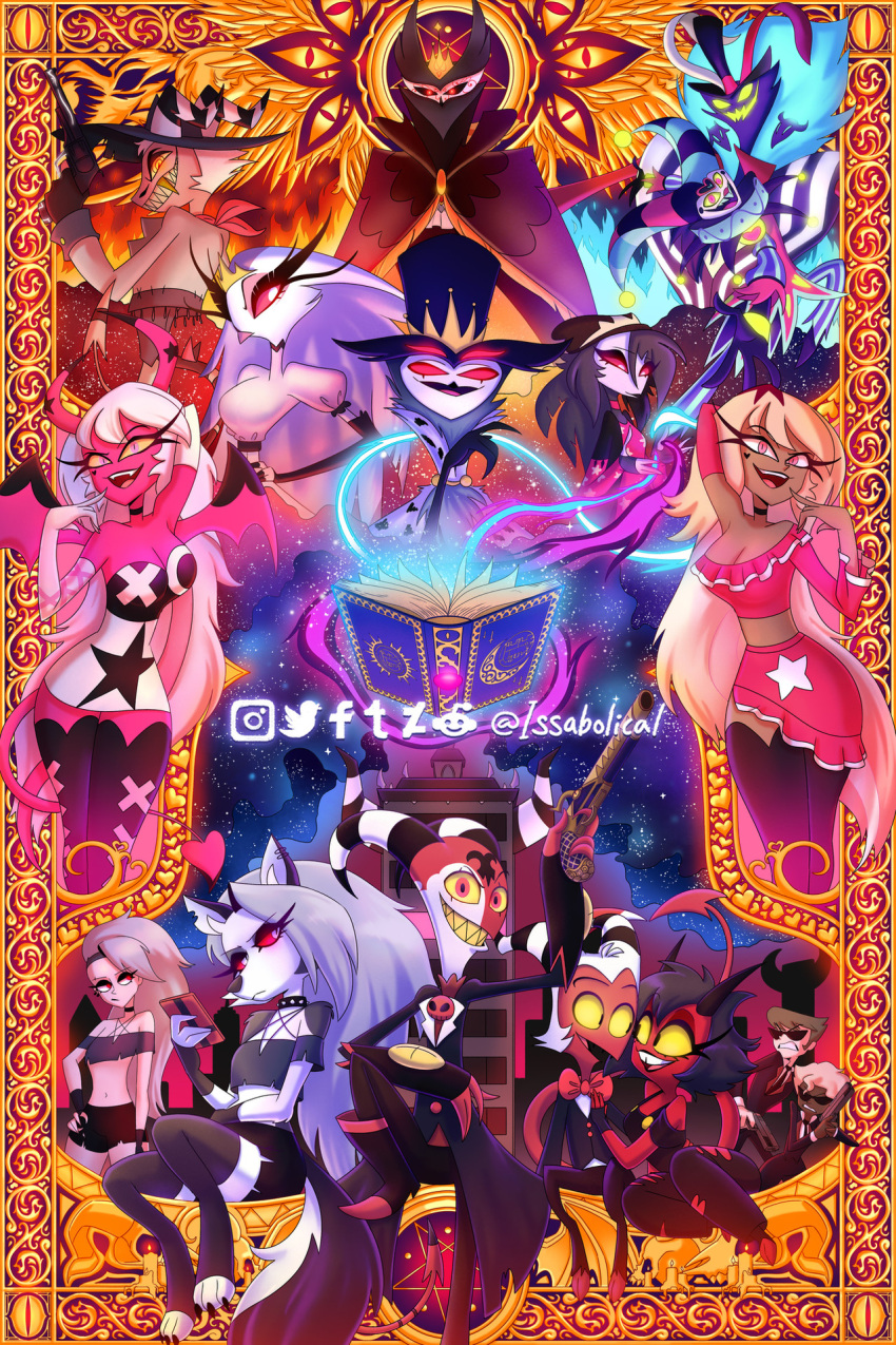 6+boys, 6+girls, animal_ears, animal_nose, asmodeus_(helluva_boss), beak, bird_boy, bird_girl, black_feathers, black_hair, black_lips, blitzo_(helluva_boss), blue_feathers, blue_suit, body_fur, boots, breasts, collar, colored_mouth, colored_sclera, colored_skin, demon, demon_boy, demon_girl, demon_horns, demon_tail, demon_wings, dress, extra_eyes, father_and_daughter, feathers, fizzarolli_(helluva_boss), furry, furry_female, furry_male, gloves, golden_tooth, green_eyes, grey_feathers, grey_fur, grey_hair, grin, hat, heart, heart_on_cheek, hellaverse_(franchise), helluva_boss, highres, holding, horns, issabolical, jester, large_breasts, long_hair, long_sleeves, looking_at_another, looking_at_viewer, loona_(helluva_boss), millie_(helluva_boss), moxxie_(helluva_boss), multicolored_horns, multiple_boys, multiple_girls, multiple_heads, octavia_(helluva_boss), owl_boy, owl_girl, pants, pink_eyes, pink_hair, pink_horns, pink_sclera, pink_skin, pink_tail, pink_wings, purple_feathers, red_eyes, red_feathers, red_sclera, red_skin, red_tail, rooster_tail, sharp_teeth, shirt, sitting, smile, snout, spiked_collar, spikes, step-parent_and_step-child, stolas_(helluva_boss), striped_horns, striped_suit, suit, tail, teeth, thigh-highs, two-tone_fur, two-tone_horns, two-tone_suit, two-tone_tail, two-tone_vest, two-tone_wings, verosika_mayday, vertical-striped_suit, very_long_hair, white_eyes, white_fur, white_hair, wings, wolf_ears, wolf_girl, wolf_tail, x_mark, yellow_eyes, yellow_sclera