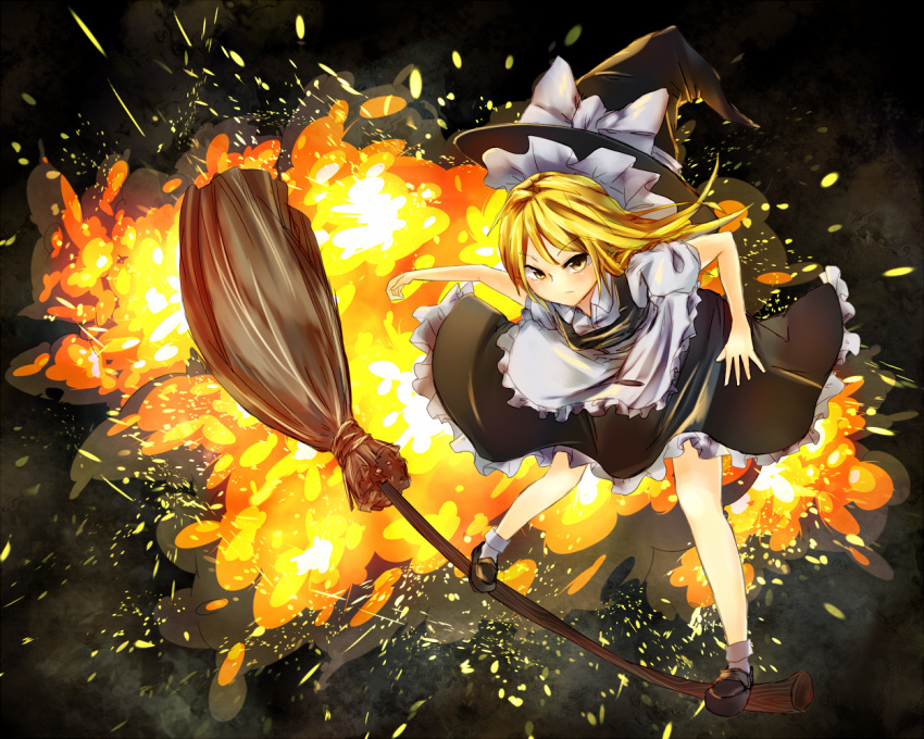 action, apron, blonde_hair, broom, broom_surfing, broomsurfing, dqn_(dqnww), dress, explosion, hat, hat_ribbon, kirisame_marisa, long_hair, ribbon, solo, touhou, waist_apron, witch, witch_hat, yellow_eyes