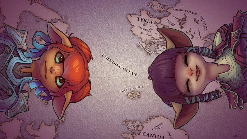 2014, 2girls, armor, asura_(guild_wars), brown_hair, english_text, freckles, green_eyes, guild_wars_(series), happy, large_ears, map, multiple_girls, open_mouth, orange_hair, portrait, ribbon, sharp_teeth, smile, snowskau, teeth, tongue