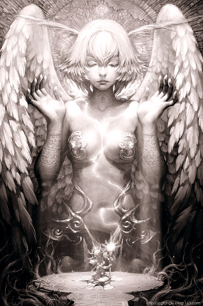 cglange, closed_eyes, copyright_request, eyes_closed, face, fantasy, hands, kneeling, lips, monochrome, mystic, open_hands, realistic, wand, watermark, web_address, wings