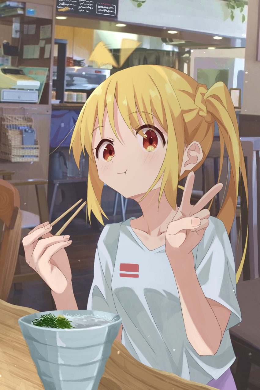 1girl, absurdres, alternate_costume, blonde_hair, bocchi_the_rock!, bowl, cash_register, casual