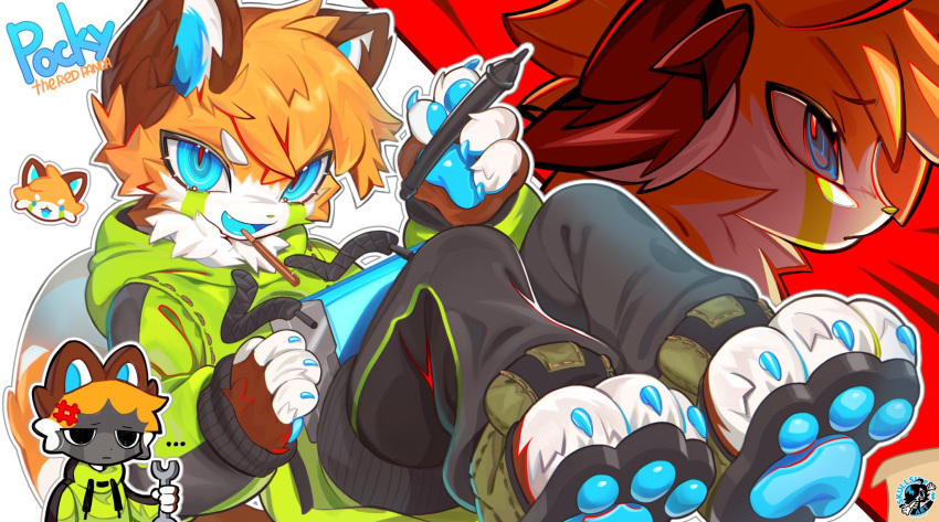 1other, androgynous, animal_feet, animal_hands, animal_nose, black_pants, blue_eyes, borrowed_character, character_name, claws, cutout_eyelashes, drawing_tablet, furry, green_hoodie, green_shoes, highres, holding, holding_drawing_tablet, holding_stylus, hood, hoodie, looking_at_viewer, multiple_views, open_mouth, orange_fur, original, other_focus, pants, pawpads, pocky_(dontjinxit), red_panda_ears, red_panda_tail, shoes, short_hair, simple_background, skullsideart, stylus, white_background