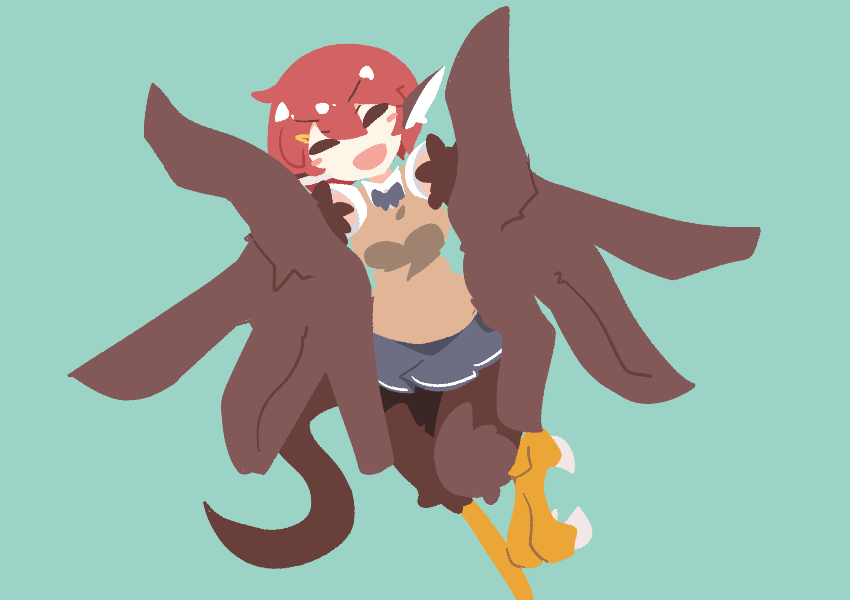 1girl, animal_ears, big_o_pants, bird_ears, bird_legs, bird_tail, black_skirt, blush_stickers