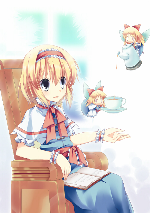 alice_margatroid, blonde_hair, blue_eyes, book, boots, capelet, chair, cup