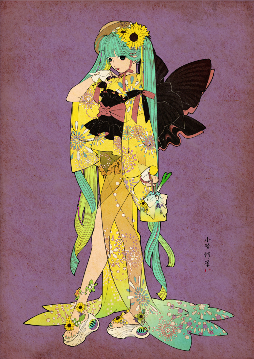 blunt_bangs, bow, commentary_request, daisy_(flower), fingerless_gloves, floral_print, flower, full_body