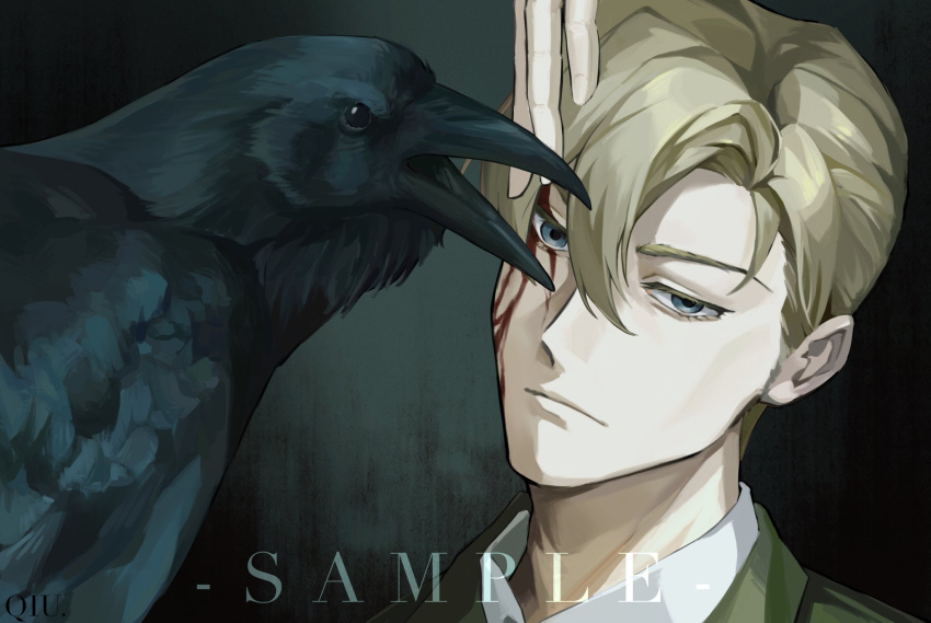 1boy, 1other, bird, black_bird, blonde_hair, blood, blood_from_eyes, blood_on_face