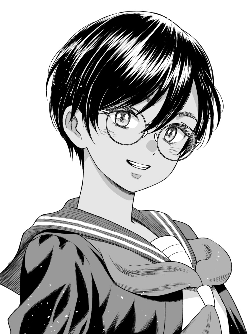 1girl, blush, glasses, greyscale, highres, looking_at_viewer, mitsuhashitohru_pxv, monochrome, neckerchief, original, school_uniform, serafuku, short_hair, simple_background, smile, solo, tan, white_background