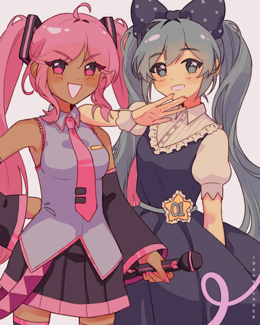 2girls, absurdres, alternate_color, black_bow, black_skirt, blue_eyes, blue_hair, blush