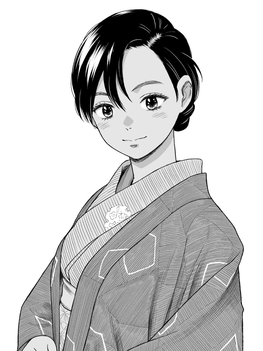 1girl, blush, greyscale, highres, japanese_clothes, kimono, light_smile, looking_at_viewer