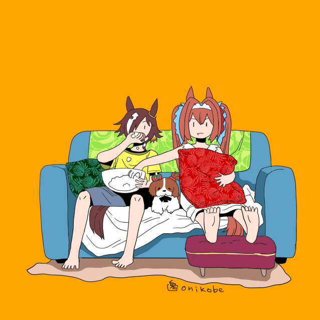 2girls, :t, animal_ears, animalization, aston_machan_(umamusume), barefoot, brown_hair, closed_mouth, commentary_request, couch, daiwa_scarlet_(umamusume), dog, dress, eating, food, full_body, hair_over_one_eye, horse_ears, horse_girl, horse_tail, long_hair, multiple_girls, onikobe_rin, open_mouth, orange_background, ottoman_(furniture), pillow, shirt, short_hair, simple_background, sitting, tail, twintails, umamusume, vodka_(umamusume), white_dress, yellow_shirt, |_|