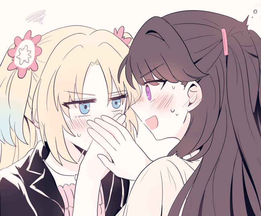 2girls, black_jacket, blonde_hair, blue_eyes, blue_hair, brown_hair, commentary_request, covering_another's_mouth