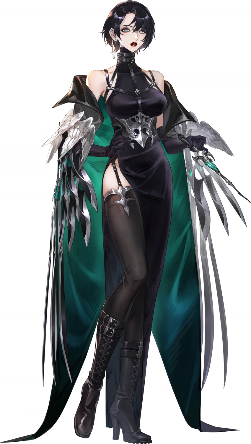1girl, absurdres, angel_wings, black_boots, black_cloak, black_dress, black_eyeshadow, black_gloves