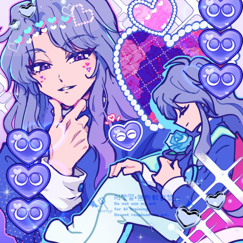 1boy, artist_name, bishie_sparkle, bishounen, blue_flower, blue_hair, blue_robe, blue_rose