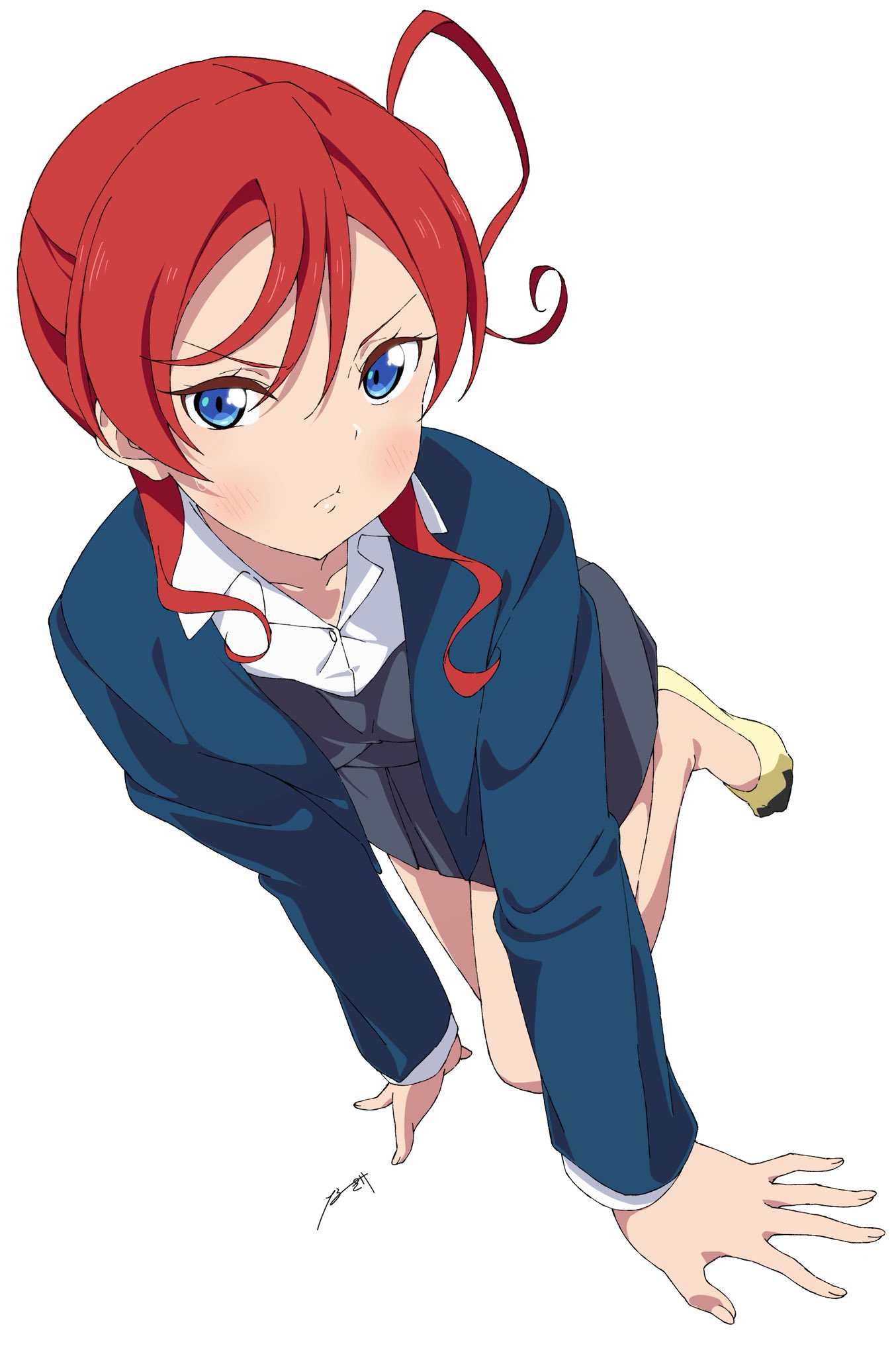 1girl, :t, all_fours, blue_eyes, blue_jacket, blush, closed_mouth, collared_shirt