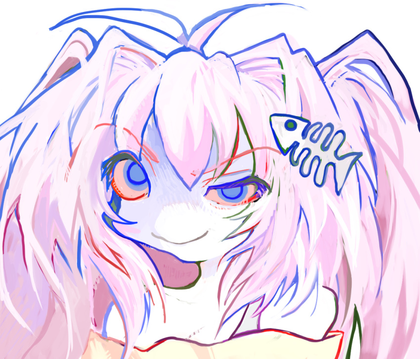 1girl, 8eyes, bloodshot_eyes, blue_eyes, breasts, colored_sclera, colored_skin, commentary