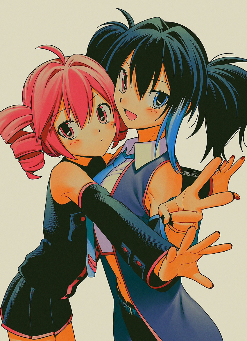 2girls, :d, ahoge, armpit_crease, bare_shoulders, belt, black_hair, black_nails