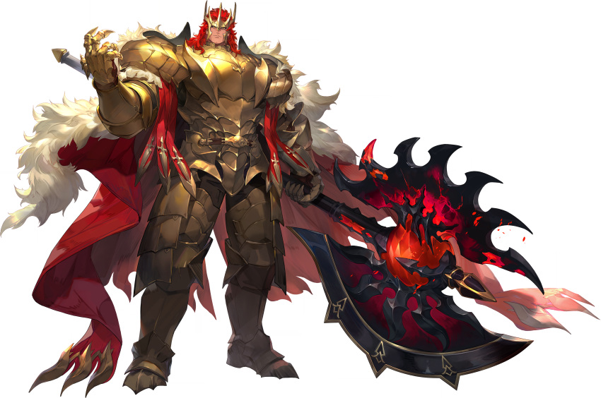 1boy, absurdres, armor, axe, battle_axe, camelot_(sword_of_convallaria), cape, crown, cuirass, curly_hair, fur-trimmed_cape, fur_trim, gauntlets, gold_armor, greaves, hand_up, highres, holding, holding_axe, long_hair, non-web_source, official_art, orange_eyes, pauldrons, red_cape, red_hair, sabaton, shoulder_armor, solo, sword_of_convallaria, torn_cape, torn_clothes, weapon