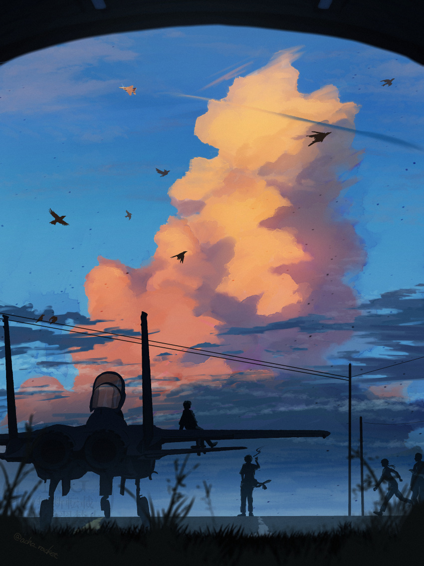 1girl, 3boys, absurdres, ace_combat, ace_combat_7, aircraft, airplane, artist_name