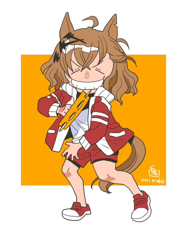 1girl, ahoge, brown_hair, closed_eyes, commentary_request, full_body, grin, gym_uniform