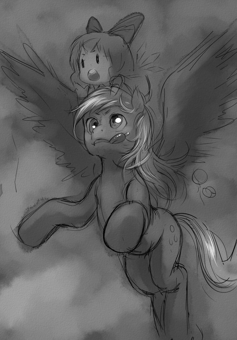 :q, bow, chibi, cirno, cloud, cross_eyed, crossover, derpy_hooves, ditzy_doo, ditzy_doo_(mlp), flying, hair_bow, horse, monochrome, my_little_pony, my_little_pony:_friendship_is_magic, my_little_pony_friendship_is_magic, o_o, open_mouth, ottanta, outdoors, pegasus, person_on_head, riding, saliva, short_hair, sketch, sky, tongue, touhou, wings