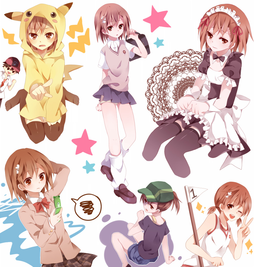 baseball_cap, brown_eyes, brown_hair, cellphone, child, cosplay, costume, enmaided