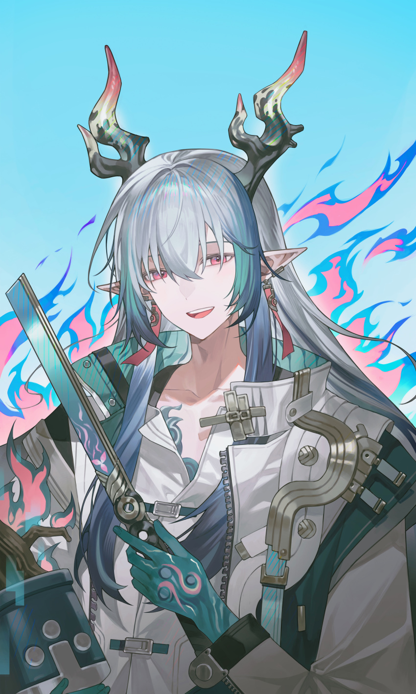 1boy, :d, absurdres, aqua_hair, arknights, blue_background, blue_eyes, blue_fire