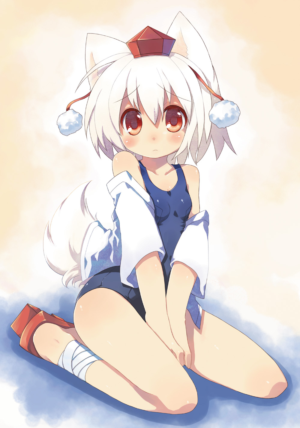 1girl, animal_ears, arms_between_legs, bandages, bare_shoulders, between_legs, blush, eyebrows_visible_through_hair