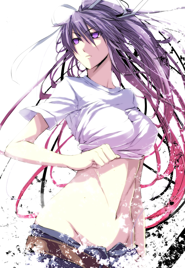 hair_ribbon, kanzaki_kaori, long_hair, midriff, mound_of_venus, navel, open_fly, ponytail