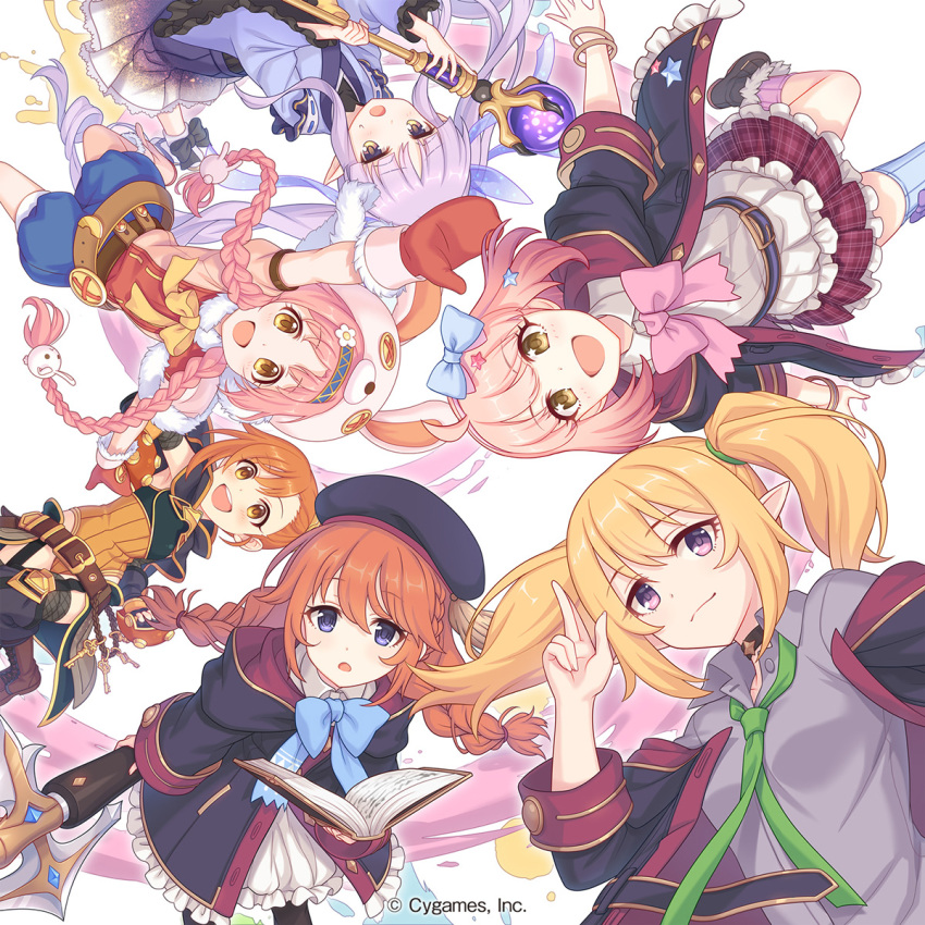 6+girls, :d, ahoge, album_cover, animal-themed_footwear, animal_hat, belt, beret