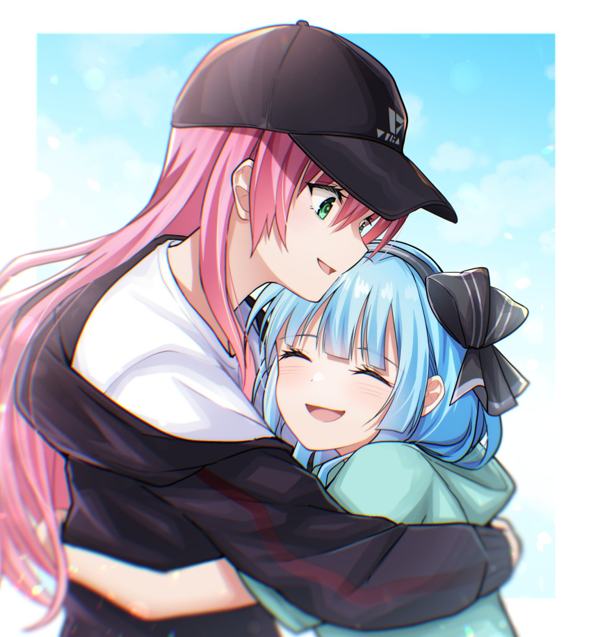2girls, absurdres, aikawa_megumi, baseball_cap, blue_hair, closed_eyes, green_eyes, hair_ribbon