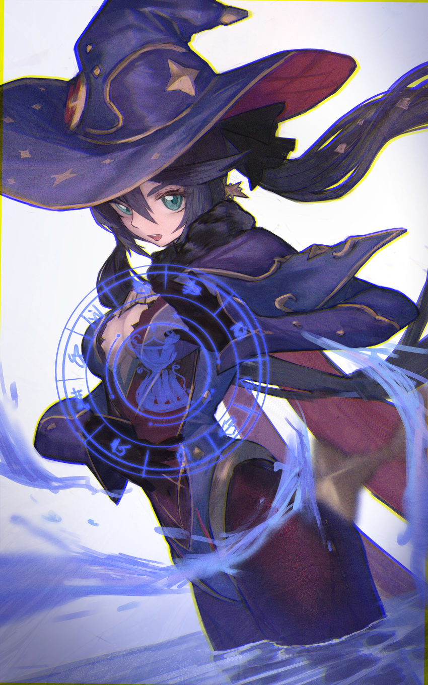 1girl, absurdres, aqua_eyes, black_choker, black_gloves, black_hair, blue_hat, breasts