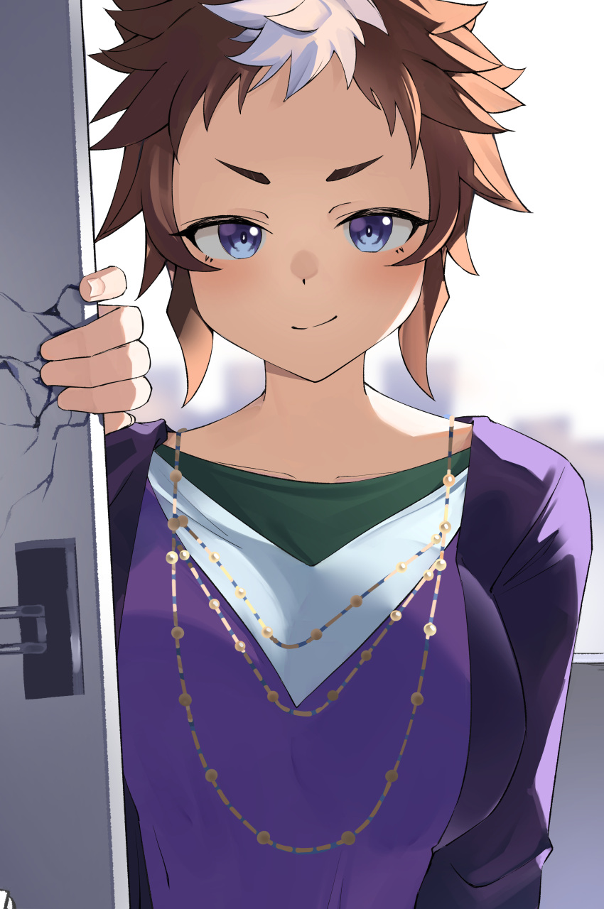1girl, absurdres, blue_eyes, breasts, brown_hair, closed_mouth, collarbone, commentary_request, cracked_door, doorway, eros_no_kami, highres, jacket, jewelry, large_breasts, long_sleeves, looking_at_viewer, mejiro_ryan_(umamusume), multicolored_hair, necklace, open_clothes, open_door, open_jacket, pov_doorway, purple_jacket, purple_shirt, shirt, short_hair, sidelocks, smile, solo, standing, two-tone_hair, umamusume, upper_body, white_hair