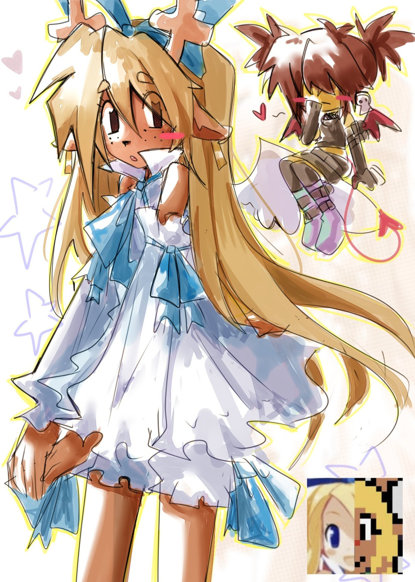 1girl, 1other, animal_ear_piercing, antlers, bloomers, blue_ribbon, blush_stickers, brown_hair, closed_mouth, commentary, cosplay, crossover, deer_girl, deltarune, demon_tail, detached_sleeves, disgaea, dress, earrings, english_commentary, etna_(disgaea), etna_(disgaea)_(cosplay), flonne, flonne_(cosplay), freckles, furry, furry_female, highres, horns, jewelry, kris_(deltarune), noelle_holiday, outfit_connection, parted_lips, ribbon, shayyuri21, skull_earrings, tail, white_background, white_bloomers, white_dress, white_wings, wings