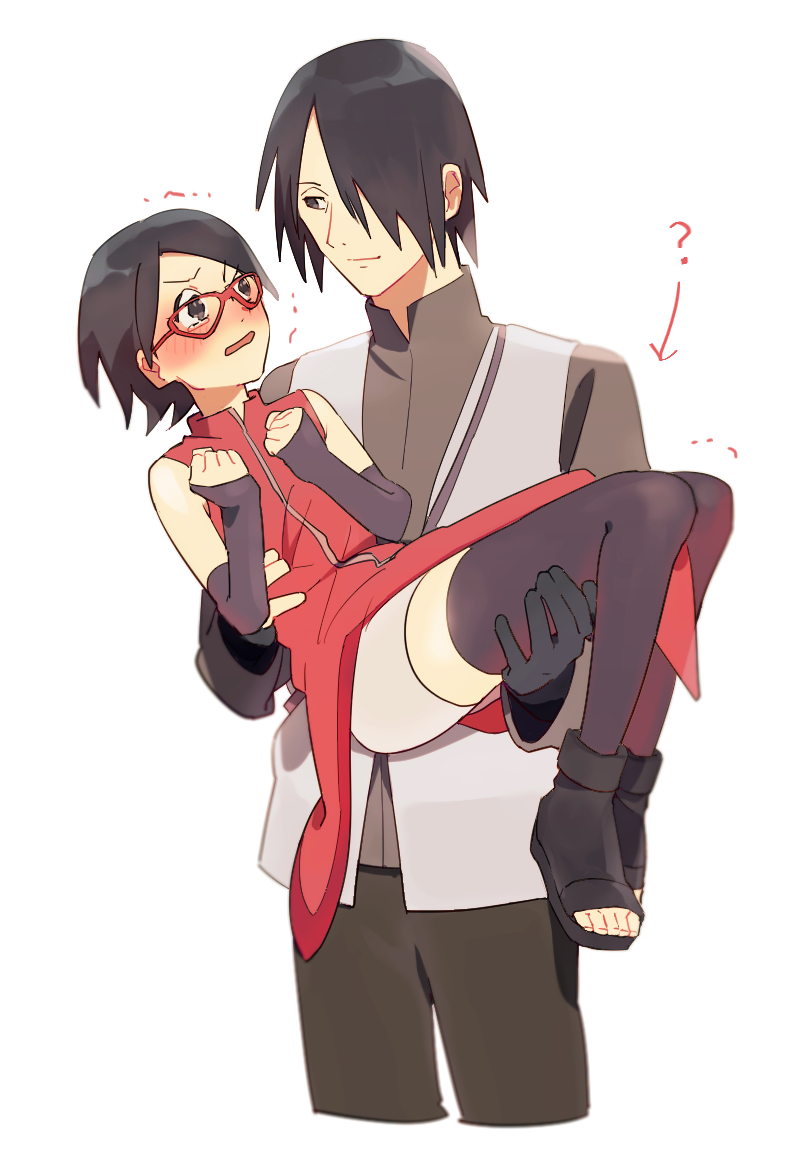 1boy, 1girl, ?, black_eyes, black_gloves, black_hair, black_sleeves, blush