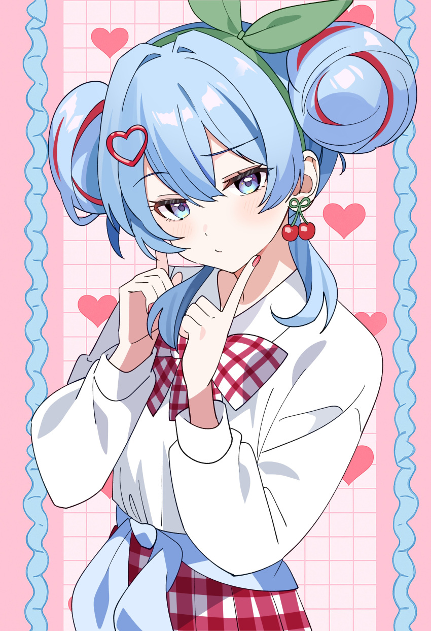 1girl, absurdres, blue_eyes, blue_hair, blue_jacket, bow, bow_hairband, bowtie, cherry_pop_(vocaloid), clothes_around_waist, double-parted_bangs, double_bun, dress_shirt, earrings, fingernails, food-themed_earrings, green_hairband, hair_between_eyes, hair_bun, hair_ornament, hairband, hatsune_miku, heart, heart_hair_ornament, highres, hutaba_haru, jacket, jacket_around_waist, jewelry, long_sleeves, multicolored_hair, nail_polish, plaid_bow, plaid_bowtie, plaid_clothes, plaid_skirt, red_hair, red_nails, shirt, skirt, streaked_hair, vocaloid