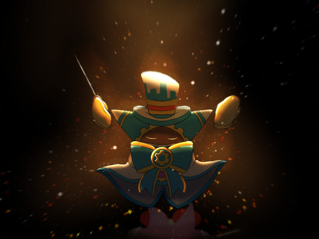blue_bow, blue_bowtie, bow, bowtie, closed_eyes, conductor_baton, gloves, hat, holding_baton, kirby's_return_to_dream_land_deluxe, kirby_(series), magolor, manager_magolor, no_humans, rayman_limbs, rdnr4557, solo, spotlight, top_hat, yellow_gloves