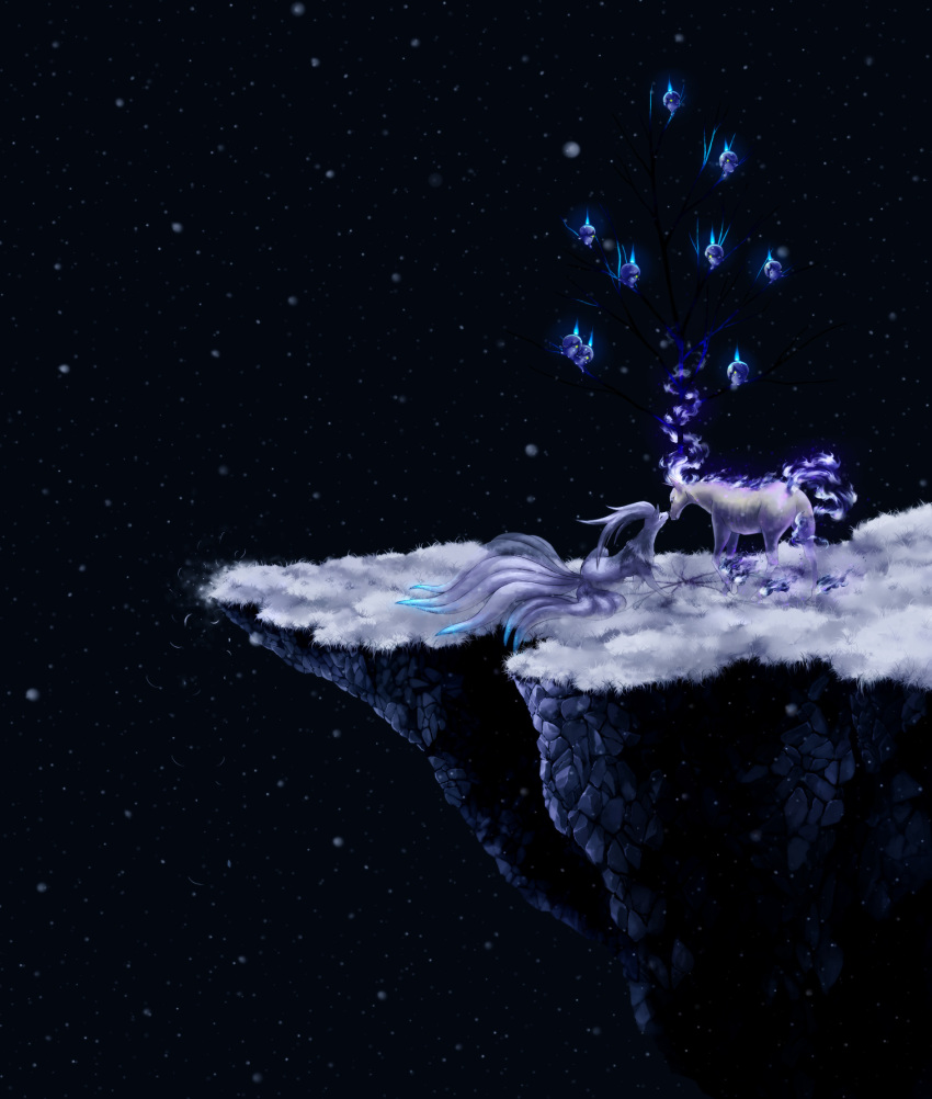 blue, cliff, ghost, highres, litwick, multiple_tails, night, night_sky