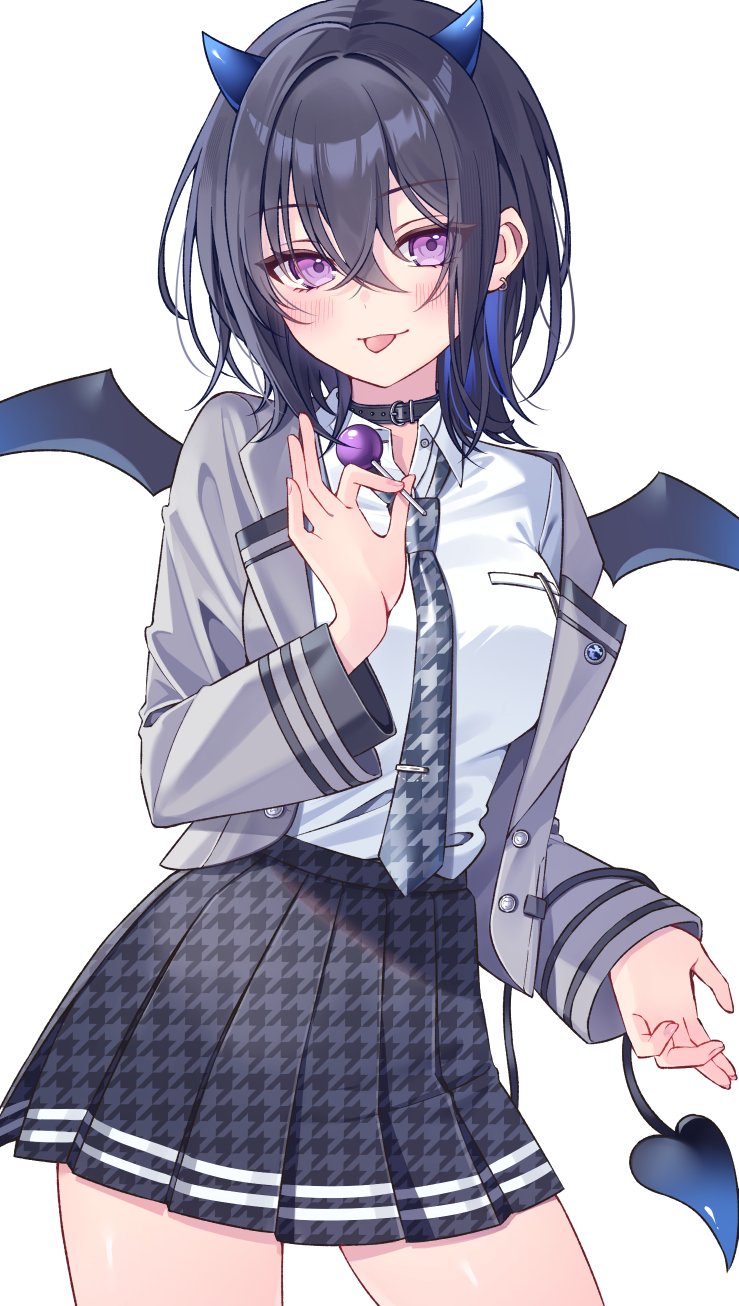 1girl, bat_wings, black_collar, black_hair, black_skirt, blazer, blue_hair, blue_horns