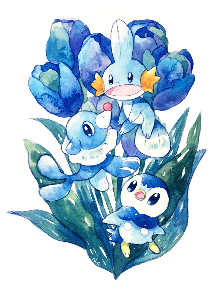 blue_eyes, blue_flower, blue_theme, blue_tulip, bright_pupils, flower, full_body, highres, mudkip, no_humans, non_(kumakawayusu), nostrils, open_mouth, painting_(medium), piplup, pokemon, pokemon_(creature), popplio, signature, simple_background, traditional_media, tulip, watercolor_(medium), white_background, white_pupils